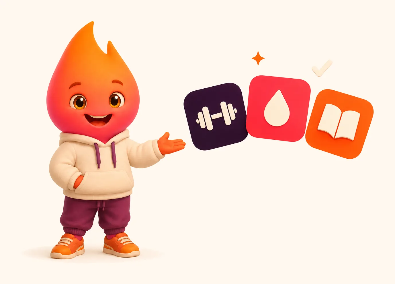 Peak, the Peak Streak flame mascot, presenting fitness, health, and life challenges